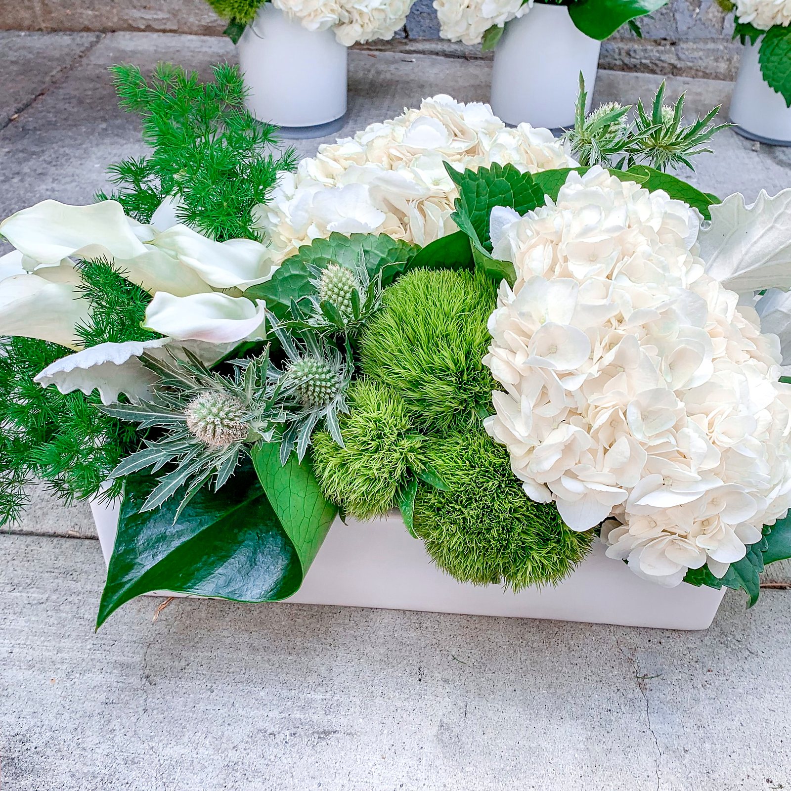 Low arrangement of white hydrangea, calla lily, green dianthus and thistle in a white ceramic box